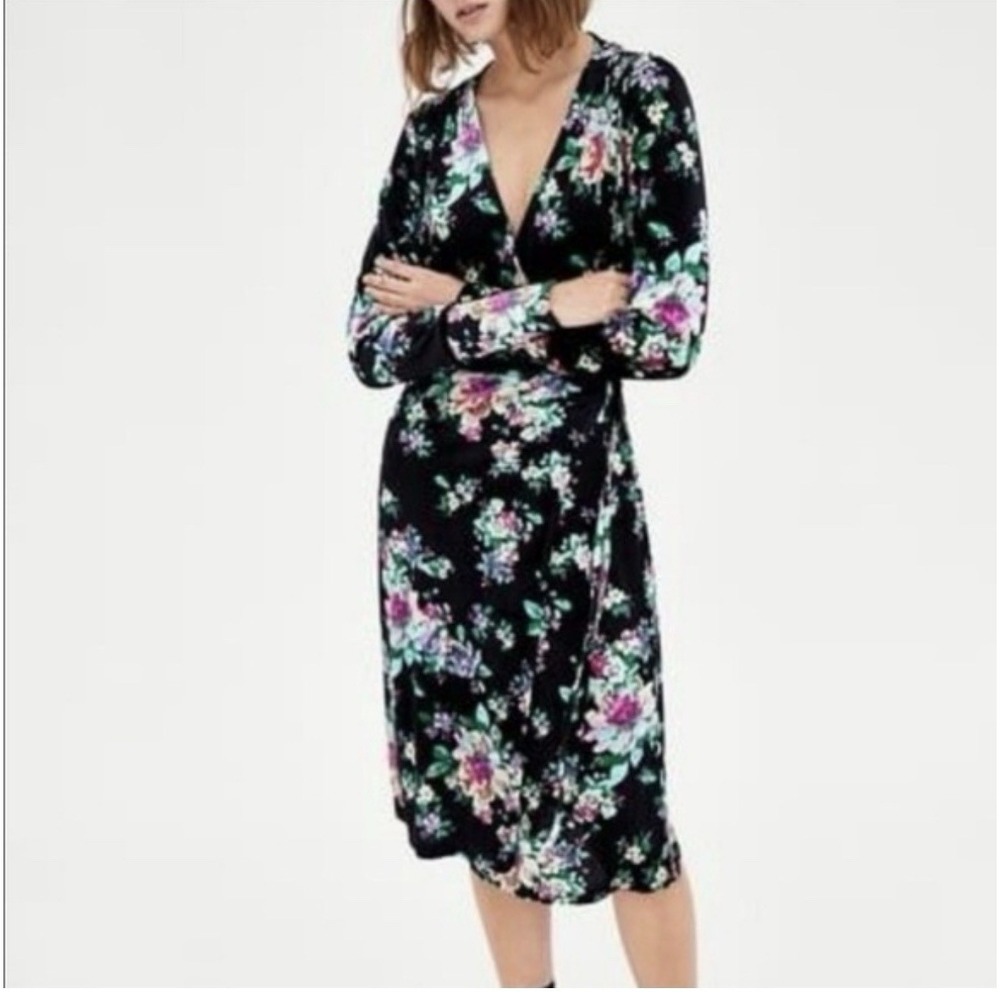Zara Velvet Floral Surplice Wrap Dress Women's Sz M Whimsigoth Y2K Midi Romantic